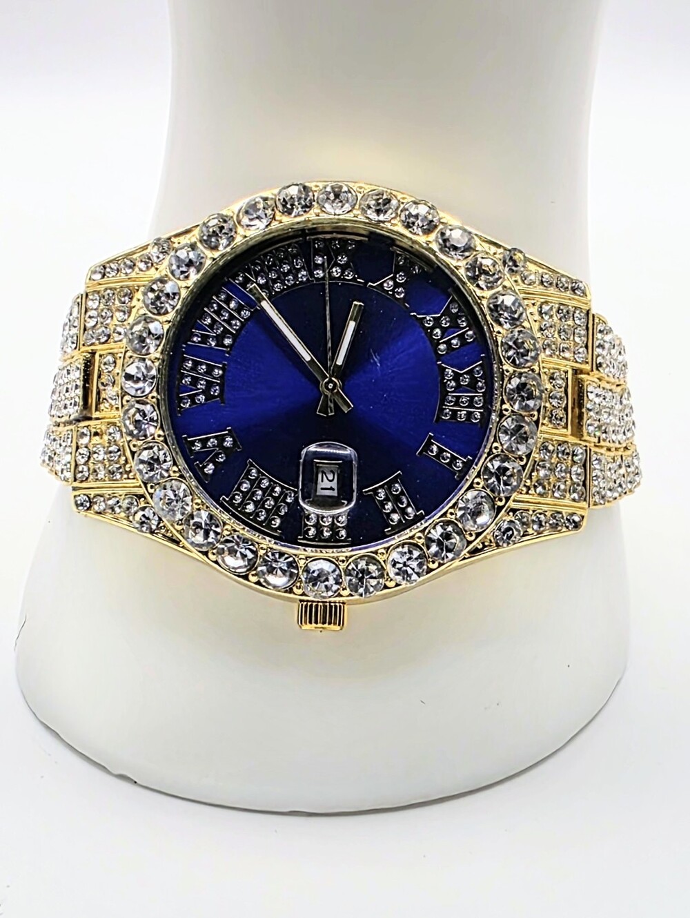 ✨Gold Tone Blue Crystal Rhinestone Roman Numeral Dress Watch Bling Bracelet✨